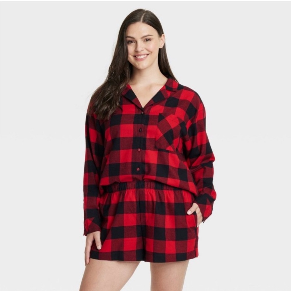 Auden Flannel Buffalo Check Long Sleeve Shorts Pajama Set